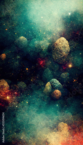 Galaxy asteroid. Space rock. Big bang. Defocused orange blue pink color shiny round sphere star dust on dark black illustration collage abstract background.