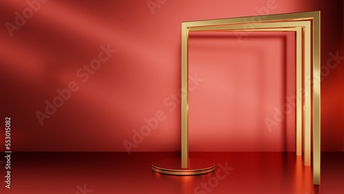 stage with gold frame on red carpet, 3D Render