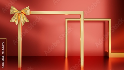 stage with gold frame on red carpet, 3D Render