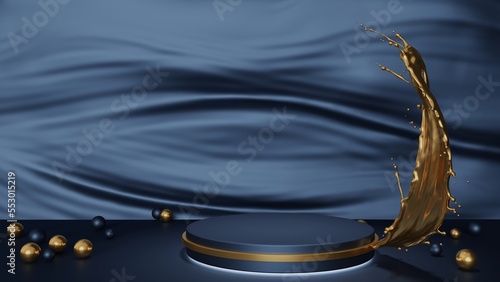 golden water splash podium  on blue water ripple ,3D Render