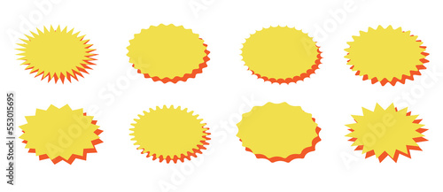 Starburst yellow sticker set - collection of special offer oval shaped sales sunburst labels and badges isolated on white background. Stickers with star edges for promo advertising campaign. 10 EPS.