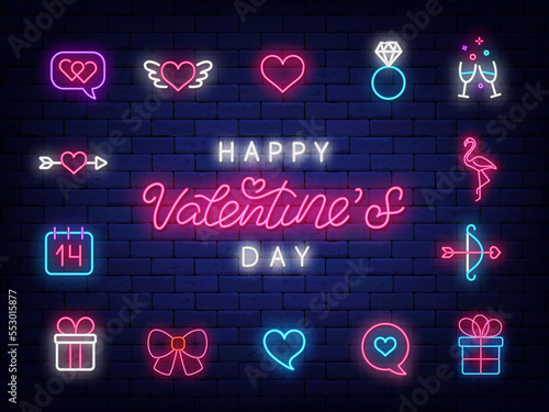 Happy Valentines Day neon icons collection. Holiday february celebration. Vector stock illustration