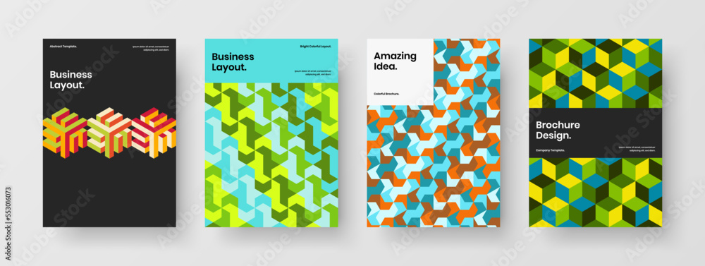 Isolated handbill design vector concept set. Fresh mosaic hexagons book cover illustration composition.