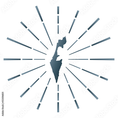 Israel gradiented sunburst. Map of the country with colorful star rays. Israel illustration in digital, technology, internet, network style. Vector illustration.