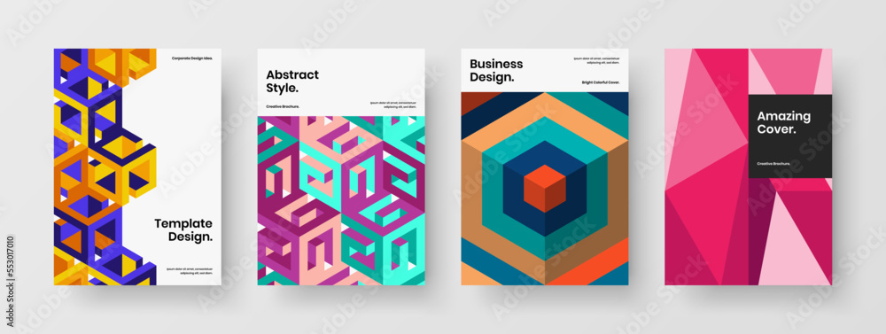Unique corporate identity A4 vector design layout bundle. Fresh mosaic shapes front page concept set.