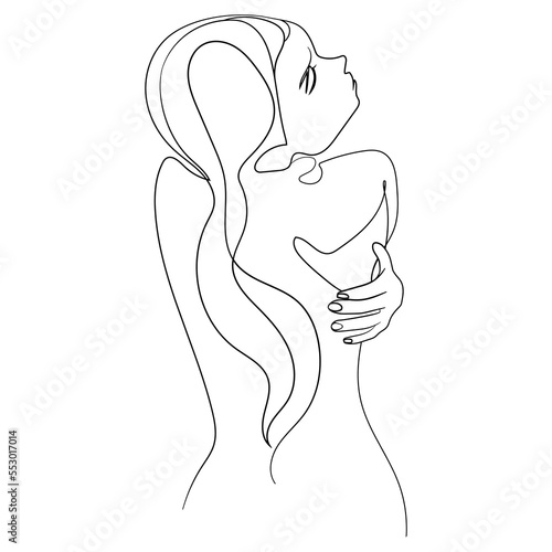 Trendy one line woman body back view vector illustration.Girl hugs herself continuous line drawing print for textile, poster, card, t shirt.Sketch drawing of woman fashion illustration.