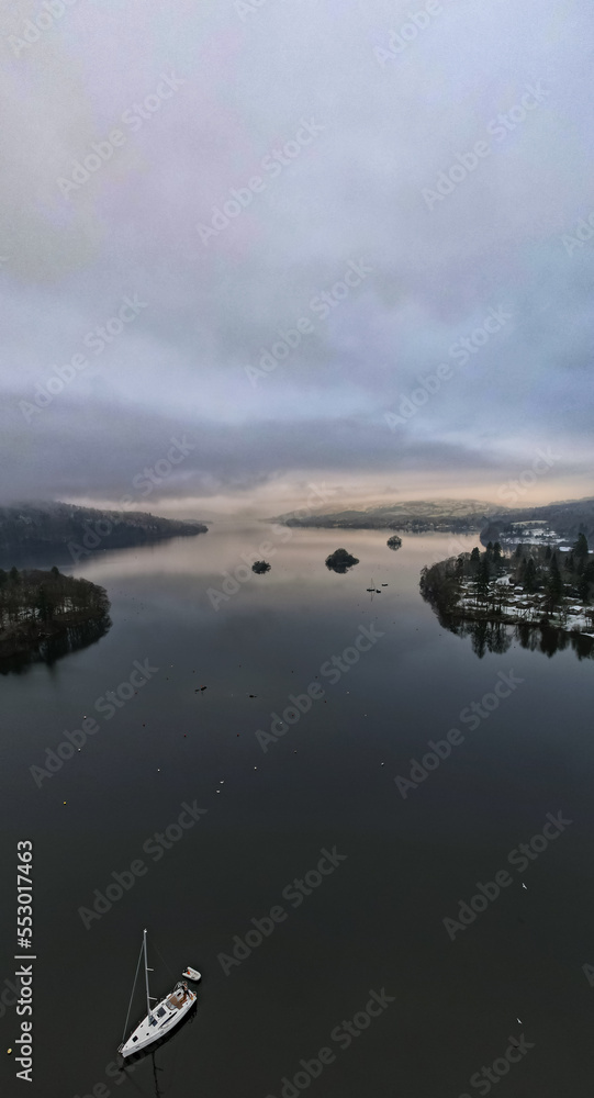 custom made wallpaper toronto digitalLake Windermere,  Lake District in England in winter with snow on the ground. Aerial drone above view.