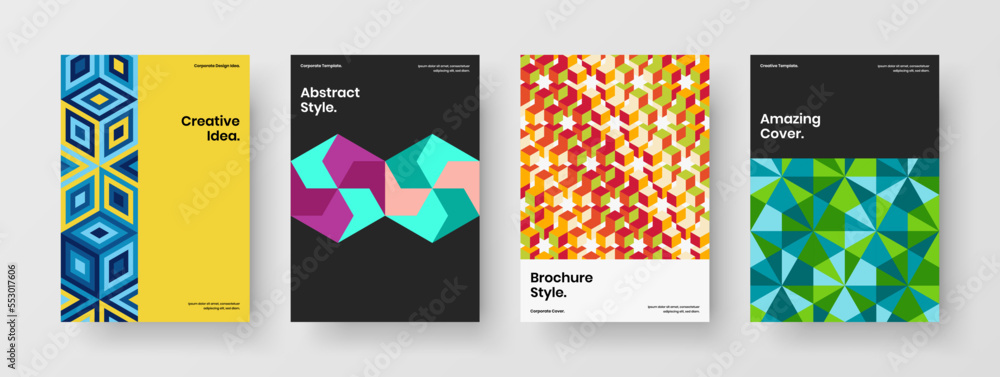 Simple geometric pattern journal cover concept composition. Isolated company brochure design vector template collection.