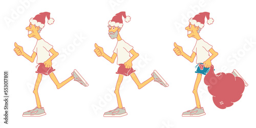 Santa Clauses run in shorts and a T-shirt. Show thumbs up. The concept of New Year holidays. Side view. Stock vector illustration of running Santa Clauses. Isolated white background.