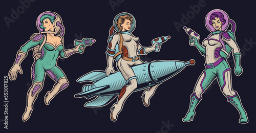 Set of vector vintage illustrations on the theme of space with pin up girls in futuristic astronaut suits