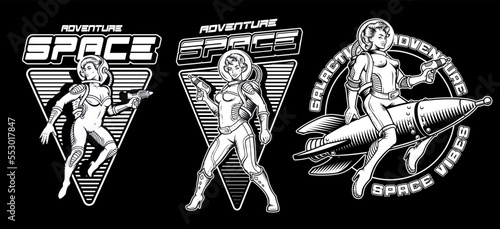 Set of black and white vintage space illustration with pin up girls in astronaut suits