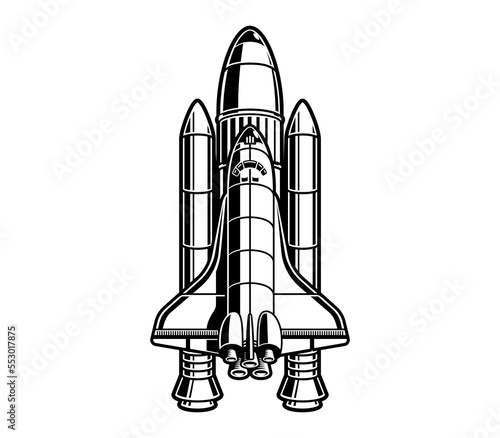Black and white vector illustration of space shuttle on a white background