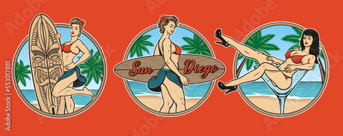 Set of vintage Pin up Girls Surfers, these designs can be used as t-shirt designs