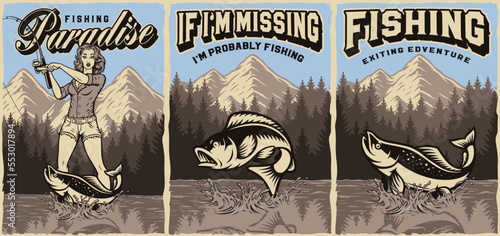Set of vintage fishing poster with a pin up girl, fishes and wild nature
