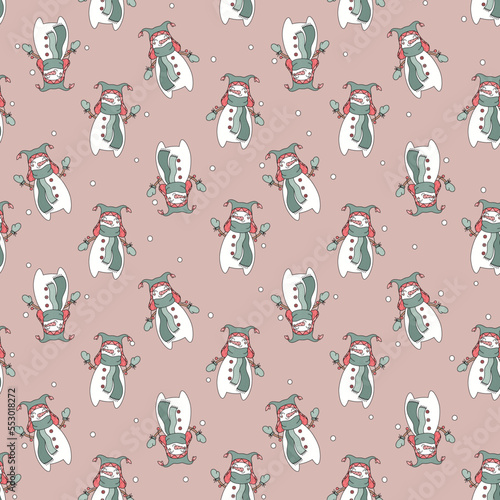 Seamless vector pattern with cute snowman have a snowball fight. Christmas theme design. Hand drawn background for kids room decor, fabric, wallpaper, wrapping paper, textile, gift, card, packaging.