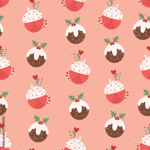 Seamless vector pattern with cute Christmas pudding and hot drink. Winter season dessert theme hand drawn background for packaging, wrapping paper, print, card, gift, fabric, textile, wallpaper.