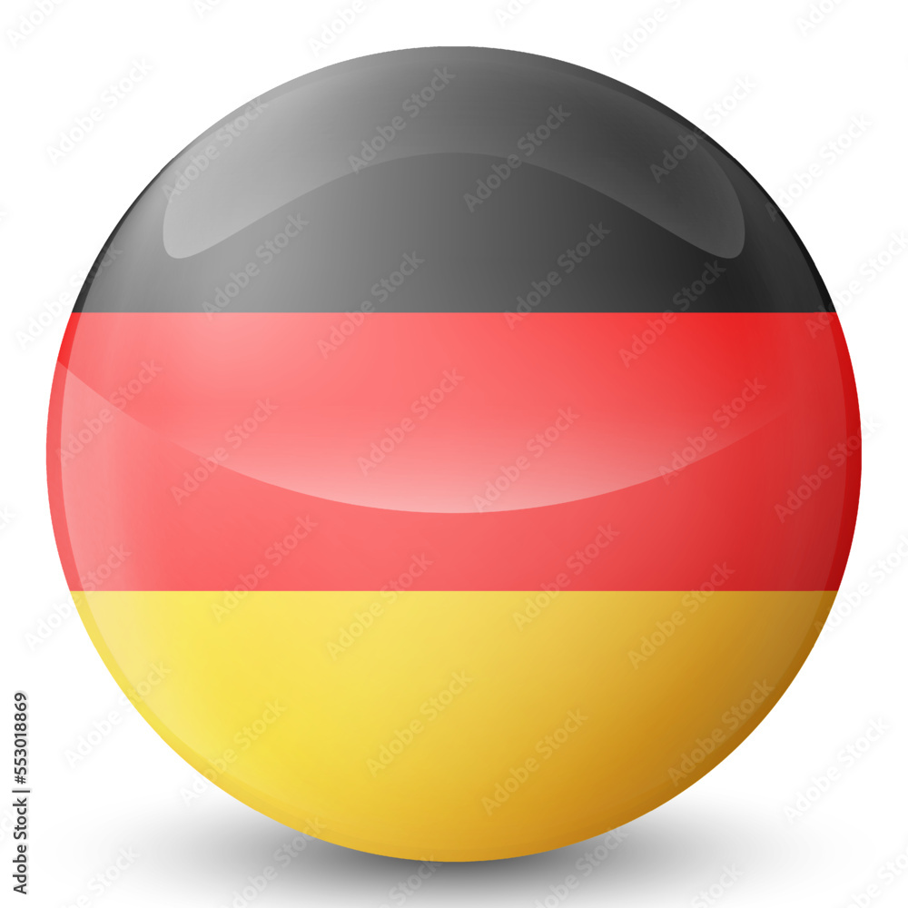 Glass light ball with flag of Germany. Round sphere, template icon. German national symbol. Glossy realistic ball, 3D abstract vector illustration highlighted on a white background. Big bubble. Glass light ball with flag of Germany. Round sphere, template icon. German national symbol. Glossy realistic ball, 3D abstract vector illustration highlighted on a white background. Big bubble.