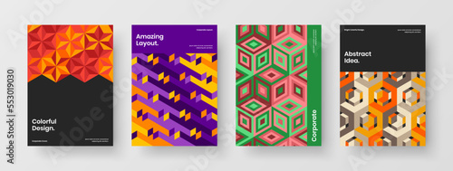 Isolated mosaic tiles pamphlet illustration set. Modern company brochure design vector concept bundle.