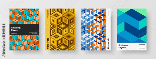 Unique journal cover design vector illustration composition. Original geometric pattern handbill layout set.