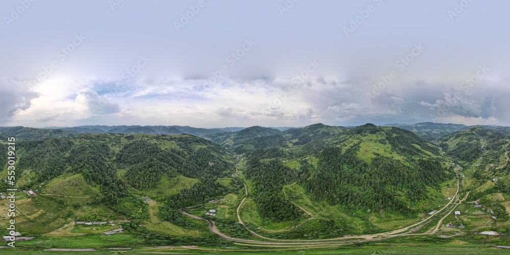 Fototapeta premium VR panorama 360 forest landscape in mountains with village in front. Ukrainian Carpathian Mountains