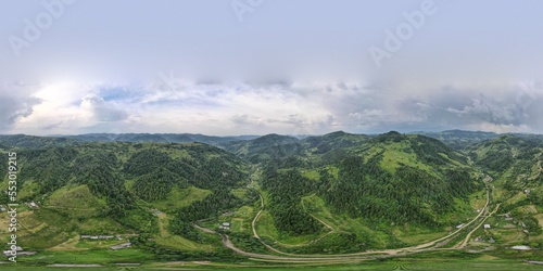 VR panorama 360 forest landscape in mountains with village in front. Ukrainian Carpathian Mountains
