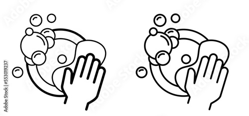 Wash dishes, hand washing or cleanser. Clean plate with water splash and soap bubbles. Cartoon hygiene, soap with foam and bubbles. Dishwasher or dish washing icon. Scrubbing the plate