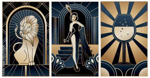 illustrations of art deco style in black and gold colours