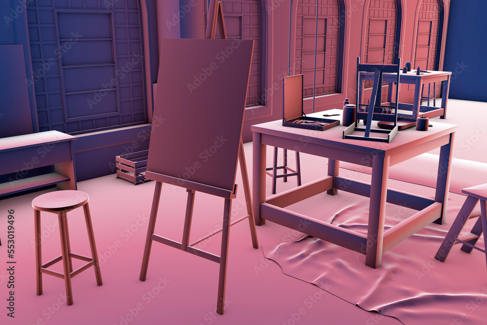 Fototapeta premium Creative artist workplace room. Artistic equipment in a artist studio. 3D illustration