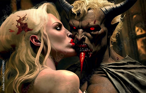 Beautiful blonde kisses devil. photo