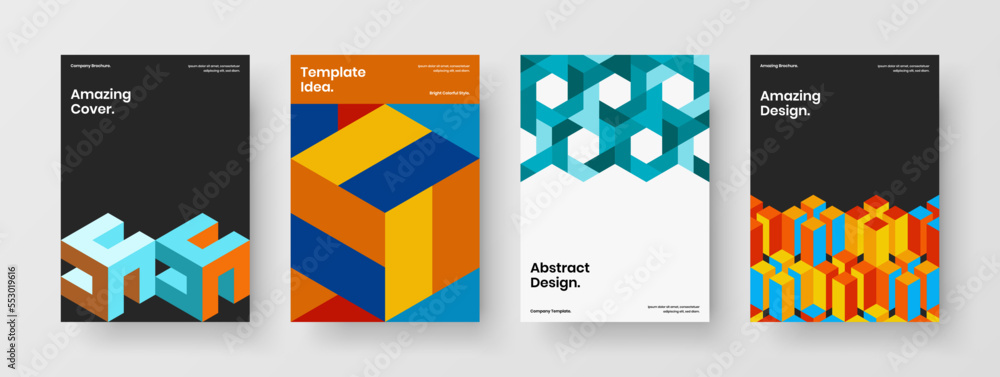Bright geometric hexagons booklet layout set. Minimalistic catalog cover A4 design vector concept collection.