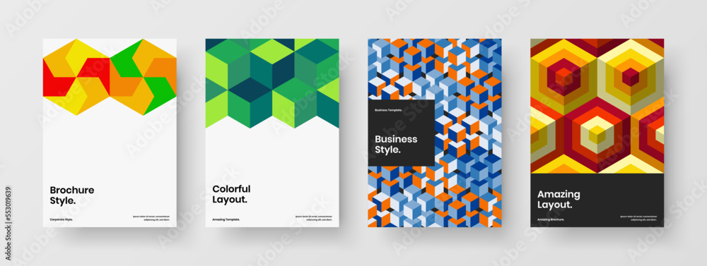 Vivid geometric pattern corporate brochure illustration collection. Colorful cover vector design template composition.