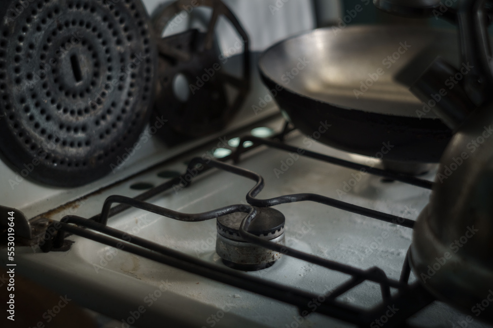 Gas hob. Kitchen items on a gas stove. Gas problems of European states. Gas hob. Kitchen items on a gas stove. Gas problems of European states.