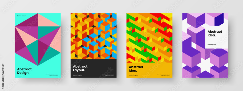 Multicolored geometric tiles handbill layout set. Unique annual report A4 design vector template bundle.