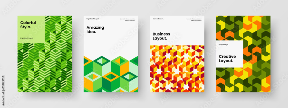 Fresh corporate brochure A4 vector design concept collection. Simple mosaic pattern book cover illustration composition.