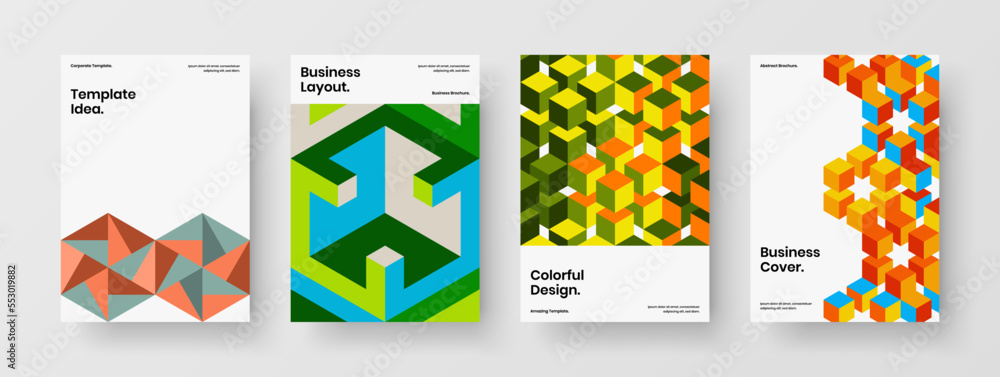 Bright geometric pattern poster concept collection. Unique corporate cover A4 vector design template set.