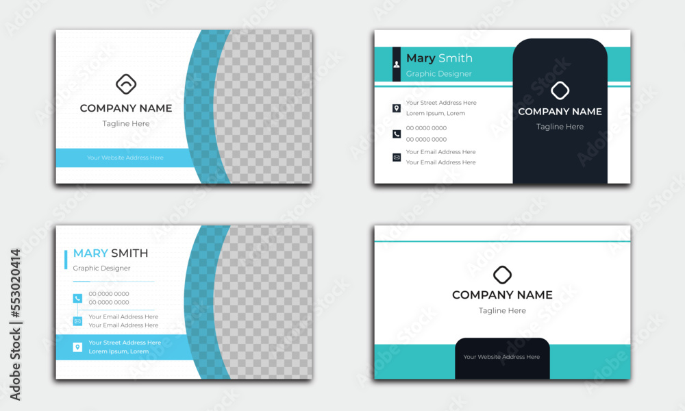 Normal and simple view with rectangle carve concept clean double sided stylish business card. Blue and sky wave business card vector design. Minimal and trendy business card print template design.