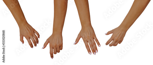 Top view of different female hands on a transparent background, cut out from the background. Different female hands grabbing something, reaching for something. The concept of placing in own projects.