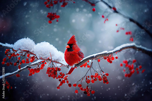 Fotografia Beautiful red northern cardinal bird sitting on a branch with red berries and sn