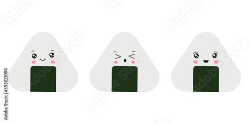 Vector illustration of Onigiri in the style of kawaii. Japanese fast food made of rice with a filling formed in the form of a triangle of nori seaweed