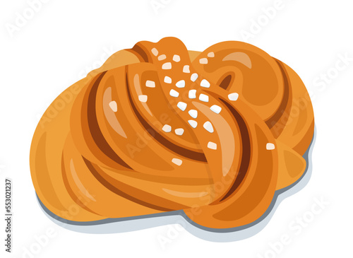 Vector cinnamon roll with pearl sugar isolated on white background, illustration of braided bun with cardamom and cinnamon, sweet food icon design, menu bakery