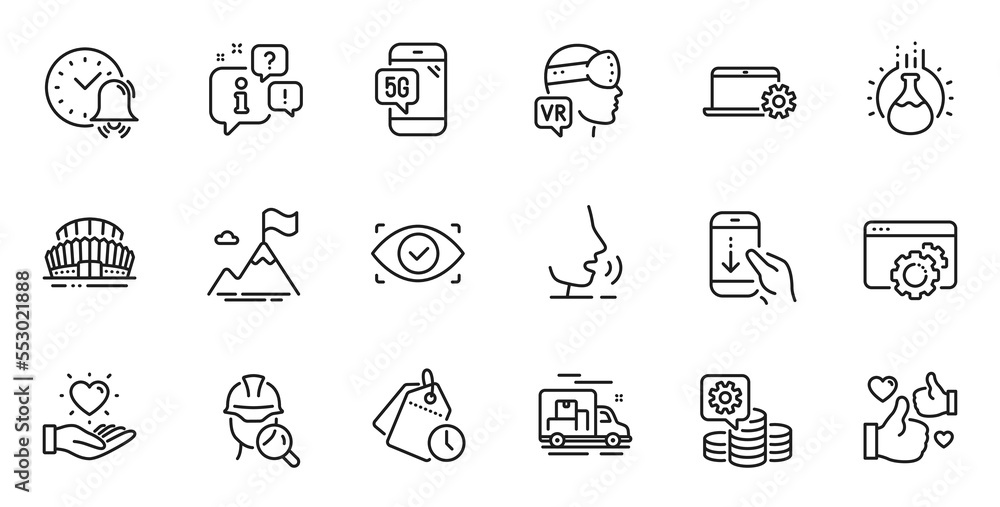 Outline set of Seo gear, Like and Scroll down line icons for web application. Talk, information, delivery truck outline icon. Include Time management, Alarm bell, Augmented reality icons. Vector Outline set of Seo gear, Like and Scroll down line icons for web application. Talk, information, delivery truck outline icon. Include Time management, Alarm bell, Augmented reality icons. Vector