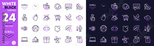 Notebook, Loyalty points and Budget accounting line icons for website, printing. Collection of File storage, Skyscraper buildings, Seo shopping icons. 24h service, Lgbt, Puzzle web elements. Vector