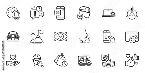 Outline set of Seo gear, Like and Scroll down line icons for web application. Talk, information, delivery truck outline icon. Include Time management, Alarm bell, Augmented reality icons. Vector