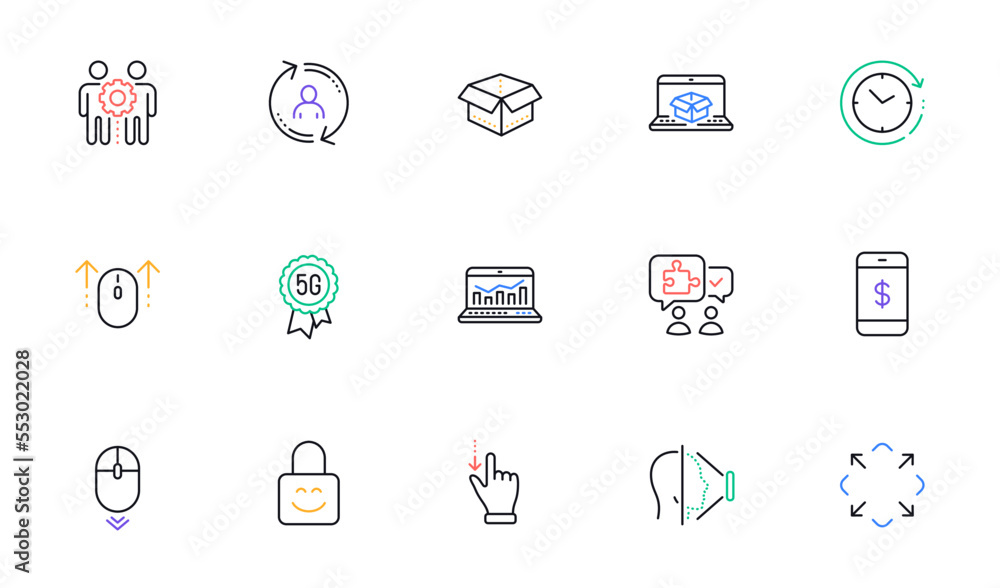 Swipe up, Maximize and Puzzle line icons for website, printing. Collection of Time change, Employees teamwork, Touchscreen gesture icons. Online delivery, Lock, User info web elements. Vector Swipe up, Maximize and Puzzle line icons for website, printing. Collection of Time change, Employees teamwork, Touchscreen gesture icons. Online delivery, Lock, User info web elements. Vector