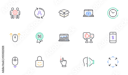 Swipe up, Maximize and Puzzle line icons for website, printing. Collection of Time change, Employees teamwork, Touchscreen gesture icons. Online delivery, Lock, User info web elements. Vector