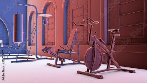 Modern gym fitness center with equipment, 3D illustration