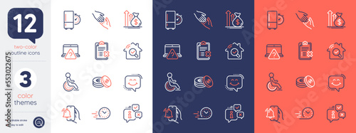 Set of Disability, Fast delivery and Budget line icons. Include Alarm clock, Inspect, Smile chat icons. Helping hand, Reject checklist, Info web elements. Refrigerator timer, Savings. Vector