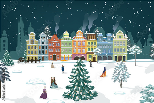 Postcard Christmas old houses Europe