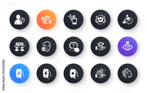 Minimal set of Approved teamwork, Health app and Question button flat icons for web development. Delegate work, Move gesture, Analysis graph icons. Eye laser, Uv protection. Vector