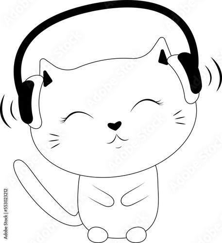 Vector cute cat in headphones listens to music. Melomaniac cat.